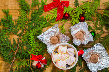coffee with marshmallows in the red cup. Christmas and new year mood