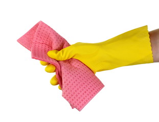 Woman's hand in rubber protective glove wiping white wall from dust with sponge cloths. Cleaning service or regular clean up concept.