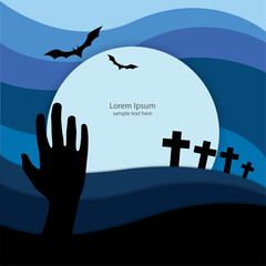 Halloween template background graphic design with bats and cross on graveyard.