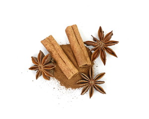 Cinnamon sticks and anise star isolated on white background close up. Spice Cinnamon sticks and anise star.