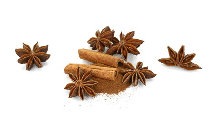 Cinnamon sticks and anise star isolated on white background close up. Spice Cinnamon sticks and anise star.