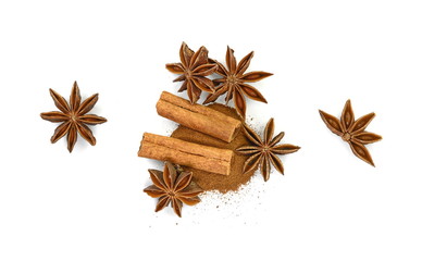 Fototapeta na wymiar Cinnamon sticks and anise star isolated on white background close up. Spice Cinnamon sticks and anise star.