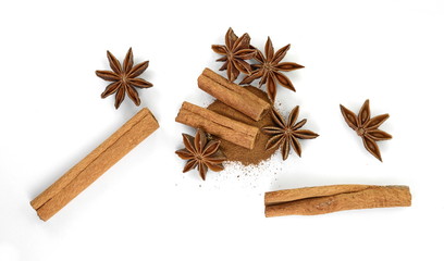 Cinnamon sticks and anise star isolated on white background close up. Spice Cinnamon sticks and anise star.