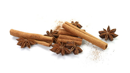 Cinnamon sticks and anise star isolated on white background close up. Spice Cinnamon sticks and anise star.