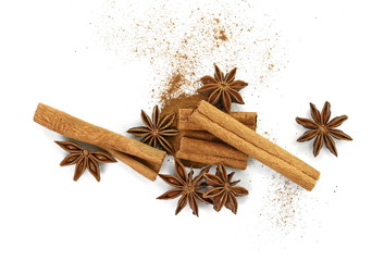 Cinnamon sticks and anise star isolated on white background close up. Spice Cinnamon sticks and...