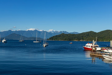 Fototapeta na wymiar Lazy boats with the mountains in the backdrop near Gibsons, BC