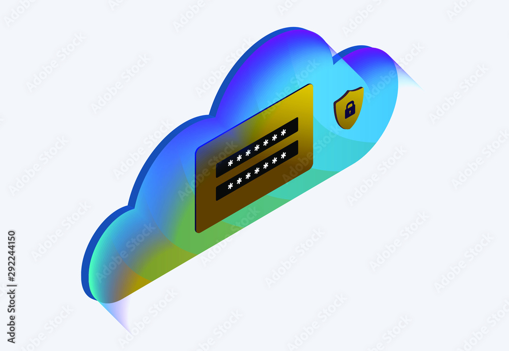 Poster cloud technology and network security computing isometric concept. vector illustration with blue clo