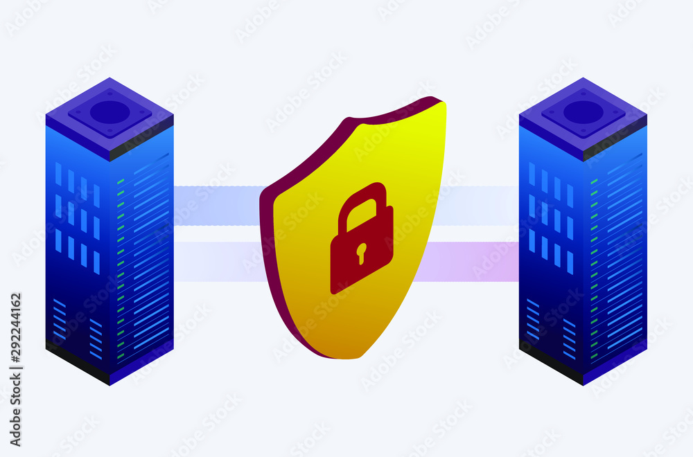 Poster data center or server room. isometric big data processing concept. cloud storage technology with dat