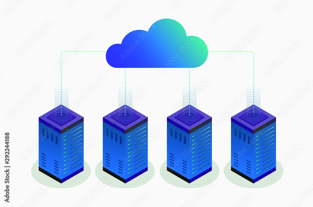 Poster cloud data storage secure hosting network. isometric flat online computing storage, secure and safet
