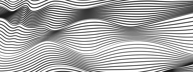 Technology line art pattern. Abstract black and white striped background. Vector squiggle thin curves. Optical illusion. Monochrome deformed surface. Modern design of radio waves. EPS10 illustration