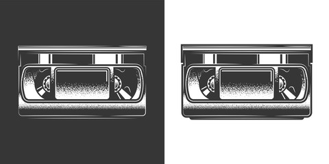 Original monochrome vector illustration. Old VHS videotape in retro style