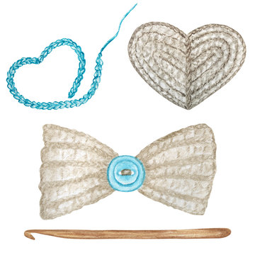 Close up Crochet gray heart, bow with light blue button, hook hand made concept. Watercolor Hand drawn hobby Knitting and Crocheting tool on white background.