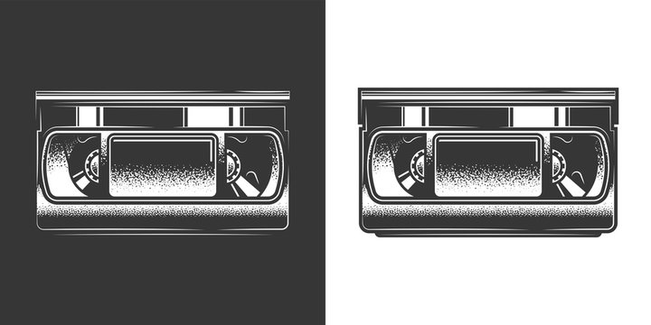 Original monochrome vector illustration. Old VHS videotape in retro style