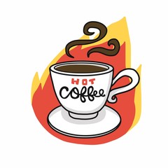 Hot coffee cup on fire cartoon logo vector illustration