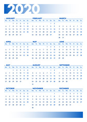 Blue 2020 English calendar. Printable portrait version