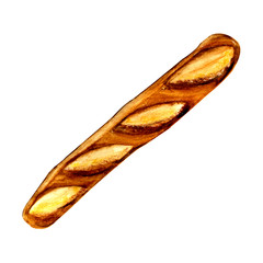 watercolor illustration. hand drawing. one French bread on a white background.