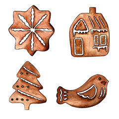 watercolor illustration. hand drawing. set of four gingerbread. star, house, bird and Christmas tree.