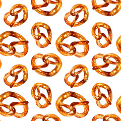 watercolor illustration. hand drawing. Seamless pattern of pretzels.