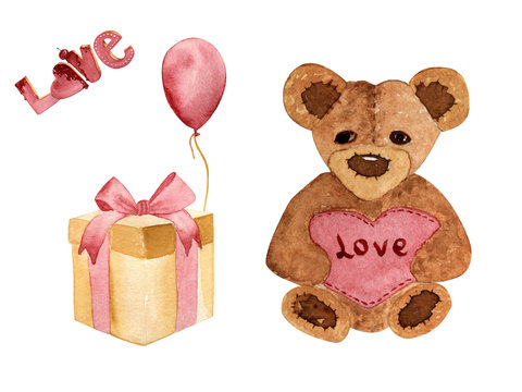 watercolor illustration. hand painting. Valentine's day card with Teddy bear, balloon and gift box with ribbon.