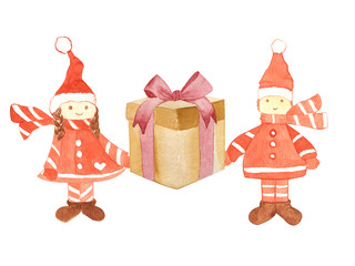watercolor illustration.hand painting. two winter gnomes with a gift in a box.