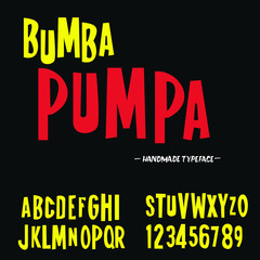 Hand drawn funny comic font. Good mood and children's party inspired this font. Textured unique brush in alphabet style. Letters and numbers. Vector illustration