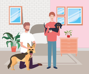 young men with cute dogs mascots in the livingroom