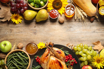 Flat lay composition with turkey on wooden background, space for text. Happy Thanksgiving day - Powered by Adobe