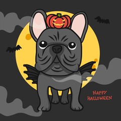 French Bulldog with wing and pumpkin monster and full moon, Happy Halloween cartoon vector illustration