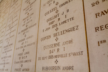 Ablain-Saint-Nazaire, France. 2019/9/14. Names of soldiers fallen in WW I. Church of Notre-Dame-de-Lorette at memorial of the WW I (1914-1918).