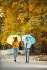 Two young and pretty women with umbrella in park in autumn