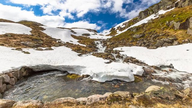 Lysevegen scenic road in spring FV 500: Sirdal to Kjerag, Norway, Europe. Cinemagraph loop background.
