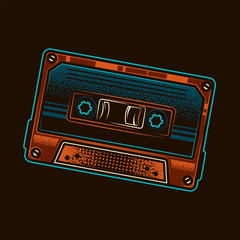 Vintage music cassette with magnetic tape. Original vector illustration. T-shirt design