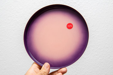 Woman hand holding beautiful purple plate with 70 percent discount price