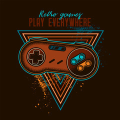 Original vintage vector illustration of game gamepad on the background of retro elements with text composition © artmarsa