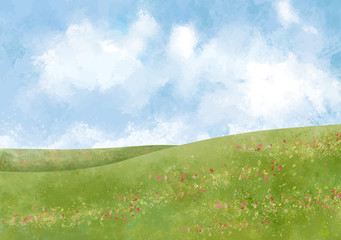 芝生グラウンド草原背景水彩草植物青空手描き雲空雲自然wall Mural Okaka08