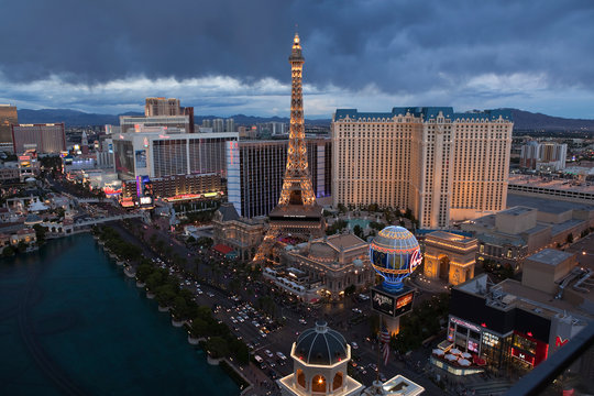 Dusk view of the Eiffel Tower replica at Paris Las Vegas resort on October 6, 2011 in Las Vegas, Nevada, USA.