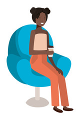 young afro woman seated in salon chair drinking beverage