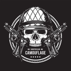 Original monochrome vector illustration. Emblem shooter club. Skull in a military helmet with a gun