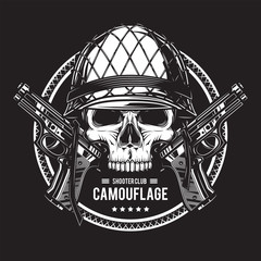 Original monochrome vector illustration. Emblem shooter club. Skull in a military helmet with a gun
