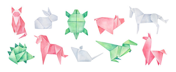 Origami collection of various magical animals. Pink, green, white colors. Hand drawn watercolour stylized illustration on white background, cutout clip art elements for creative design decoration.