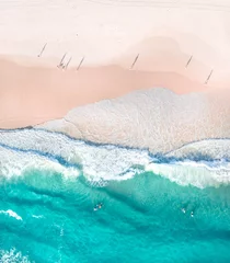 Foto op Canvas Top view of beautiful white sand beach with turquoise sea water and palm trees, aerial drone shot © FRPhotos