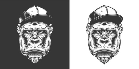 Original monochrome vector illustration. Evil gorilla head in stylish retro style cap. T-shirt or sticker design © artmarsa