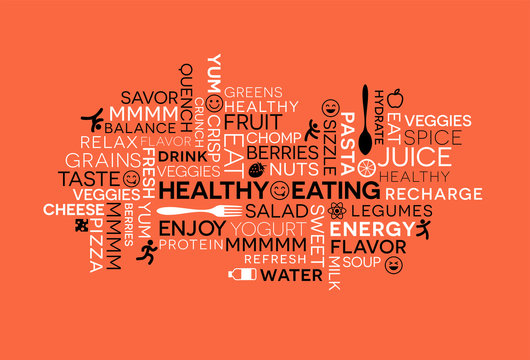 Healthy Eating themed word cloud with icons and emojis.
