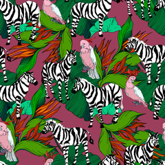 Obraz premium Vector Exotic zebra print wild animal isolated. Black and white engraved ink art. Seamless background pattern.