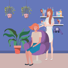 stylist fixing hair to client in the salon characters