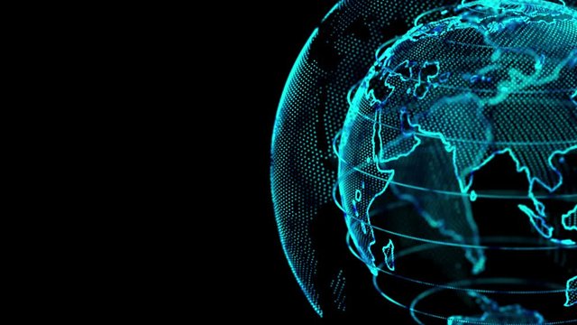 Blue digital globe holographic projection rotating on black background.Hologram of a high-tech Earth Planet.Led or neon light HUD world.Virtual reality digital. Data, globalization concept. Animation.