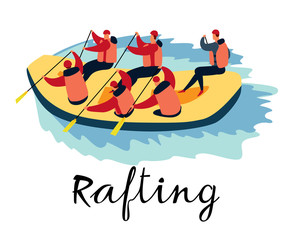 People are rafting. Lettering Rafting. Vector full color graphics. Hand drawing