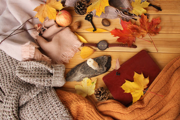 autumn leaves, an apple, cozy scarves and knitted sweaters, an e-book, flat, the concept of a hugg, winter or autumn mood