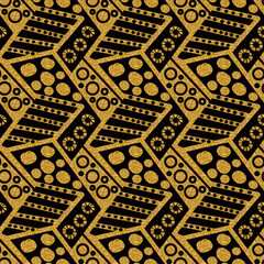 gold glittery doodled organic seamless pattern tile over black background for luxury, elegant and rich surface designs. textile, fabric, wallpapers, cards, posters and banners. seamless design. 