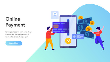 Mobile payment or money transfer concept. E-commerce market shopping online illustration with people character. template for web landing page, banner, presentation, social media, print